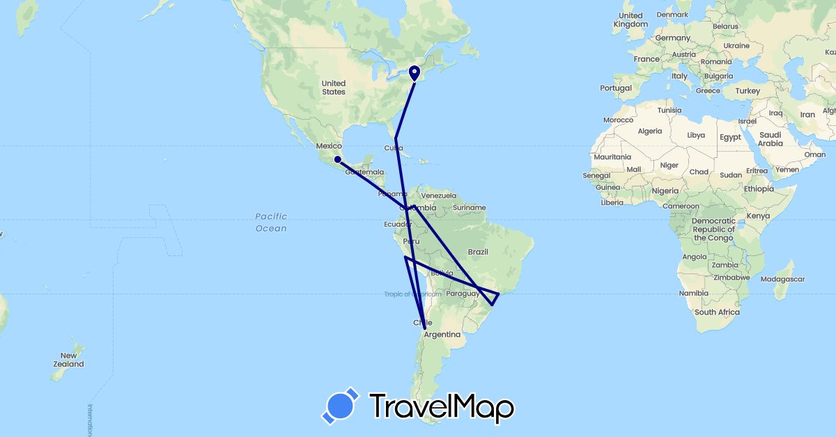 TravelMap itinerary: driving in Brazil, Chile, Colombia, Mexico, Peru, United States (North America, South America)